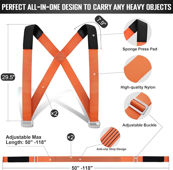 Anti-Slip Moving Straps, 2-Person Shoulder Lifting and Moving System Lifting Straps for Moving Furniture, Appliances, Mattresses, Heavy Objects up to 800lbs