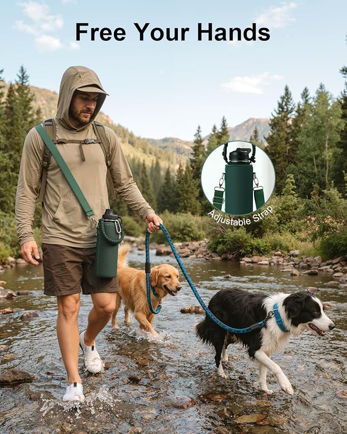 Trebo Water Bottle Insulated 40 oz with 3 Lids, Paracord Handle & Sleeve | Stainless Steel Flask Vacuum, Triple Wall Copper Plated, Dishwasher Safe, Keeps Cold 48Hrs for Hiking, Gym, Wide Mouth