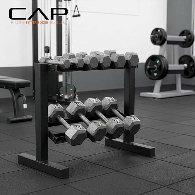 Cap 24-Inch Dumbbell Storage Rack for Home Gym, 2-Tier Heavy-Duty Weight Rack for Hex Dumbbells, Space-Saving Steel Free Weight Organizer Stand, Holds 5lb - 25lb Pairs