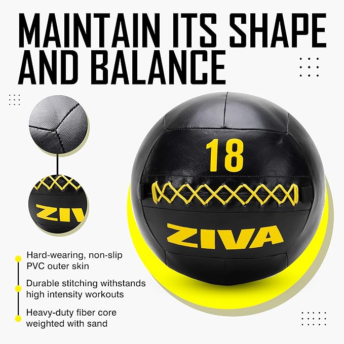 ZIVA Soft Wall Ball – Highly Durable Weighted Exercise Medicine Slam Ball for Strength and Conditioning Workout - Multiple Color, Weight Available