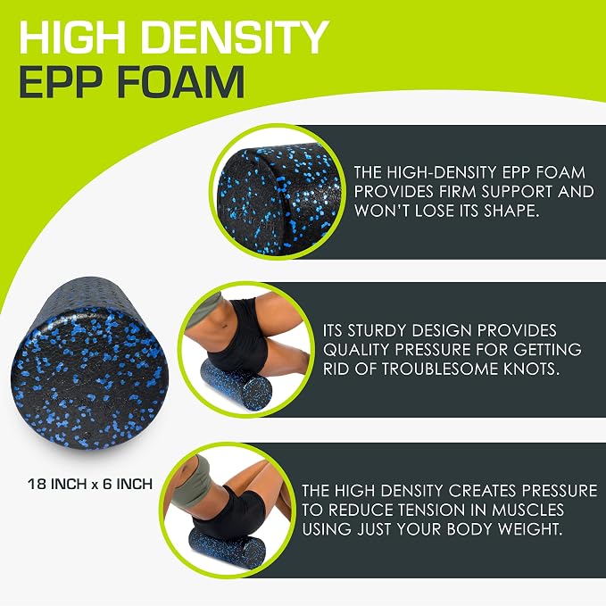 ProsourceFit High Density Foam Rollers 18 - inches long, Firm Full Body Athletic Massage Tool for Back Stretching, Yoga, Pilates, Post Workout Muscle Recuperation, Black/Blue