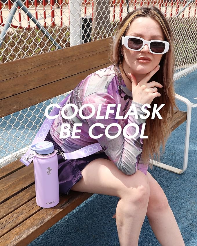 Coolflask 32 oz Water Bottle Insulated Stainless Steel with Strap | Metal Water Flask with Straw & Spout Lids, Triple-Wall, Cold 48+h, Dishwasher Safe, Leakproof, BPA-Free, for Gym & Hiking