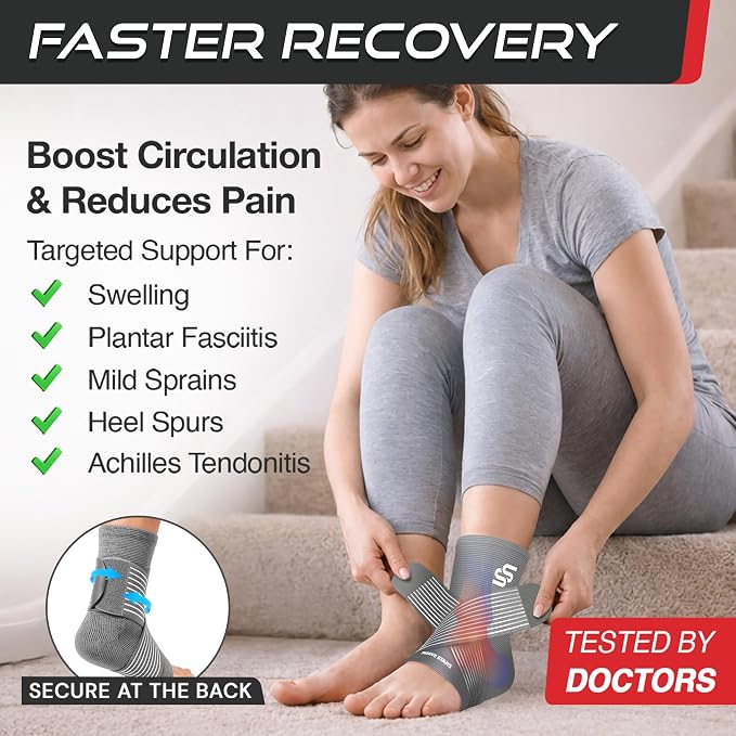 Sleeve Stars Ankle Brace for Women & Men, Ankle Wrap for Sprained Ankle, Compression Sleeve for Plantar Fasciitis Relief, Easy Customizable Support: w/Removable Strap (Single/L:12"-13"/Gray)