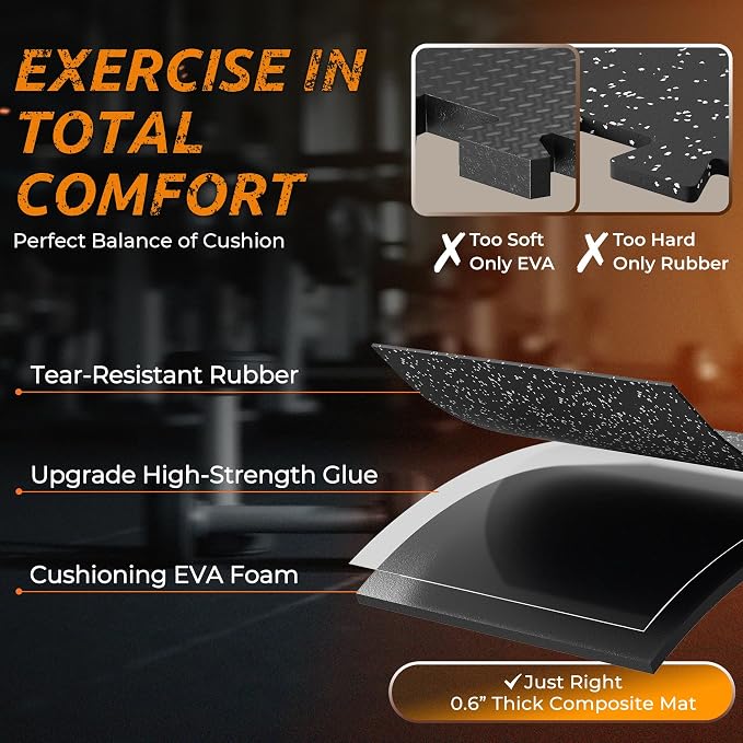 PRAISUN 0.6" Thicker Rubber Top Gym Flooring for Home Gym, 12 Pcs 48 Sq Ft Workout Mats, Exercise Mat, Interlocking Rubber Floor Mats with High Density EVA Foam for Garage, 24 x 24in, Black/Grey