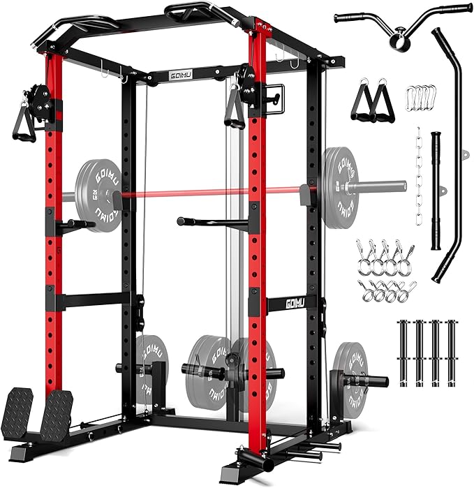 RH01 Power Cage Rack, 2000LBS Squat Rack with with Cable Crossover System&LAT Pull Down System, Multi-Function Workout Cage for Home&Garage Gym