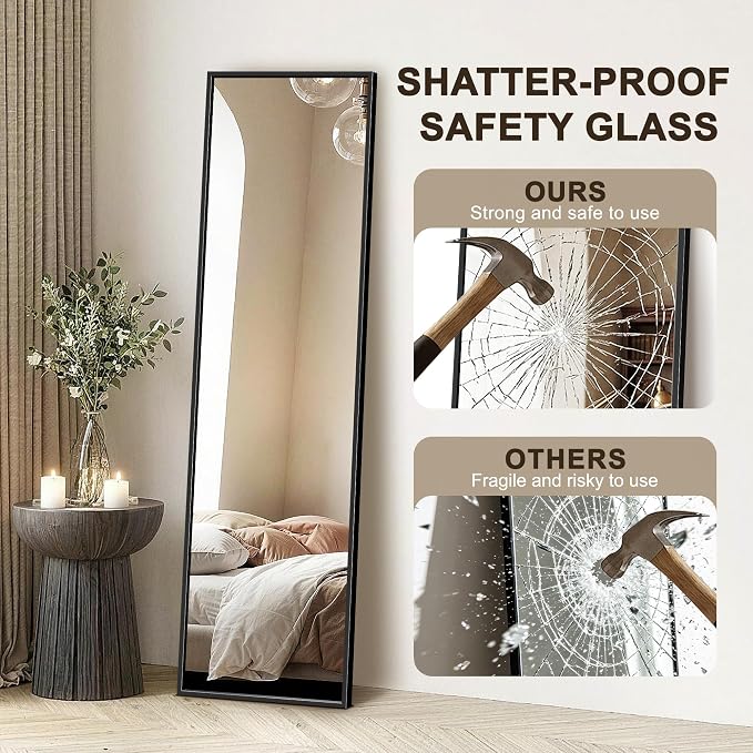 FICTOR Full Length Mirror with Stand, Floor Standing Mirror, 56"x15", Black | HD Shatterproof Glass, Free-Standing or Wall-Mounted, Full Body Mirror for Bedroom, Living Room, Dressing Room, Entryway