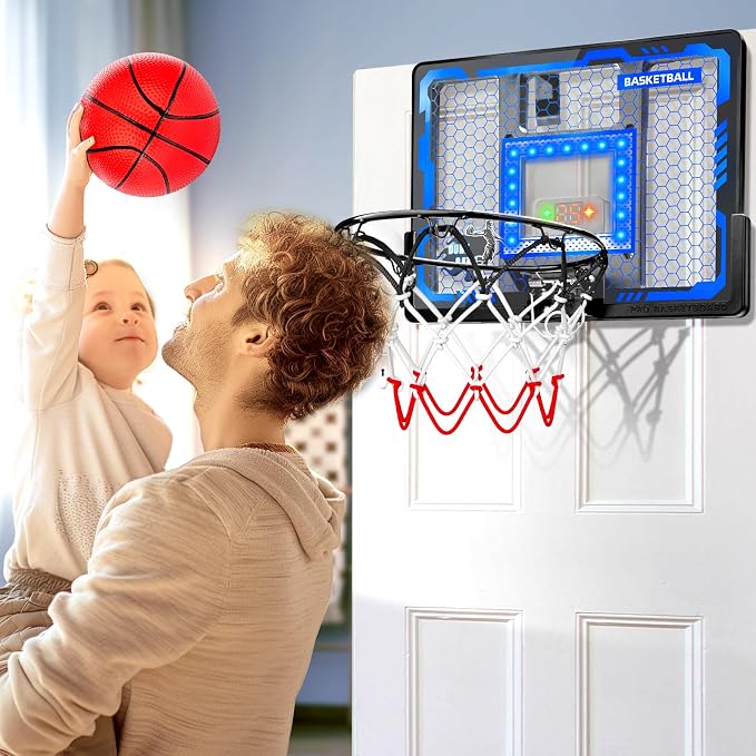 Indoor Basketball Hoop Pro for Kids, Over The Door Basketball Hoop with LED Light/Scoreboard/4 Balls- Upgraded Anti-Impact Backboard, Basketball Toys Gifts for 6 7 8 9 10 11 12 Year Old Boys