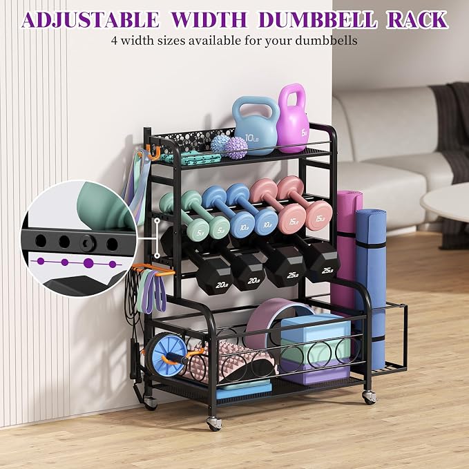 VOPEAK 3-Tier Dumbbell Rack with Wheels, Weight Rack for Home Gym Storage | Stores dumbbells, kettlebells & yoga mats. Lockable wheels for mobility. Sturdy steel frame, easy 15-min assembly
