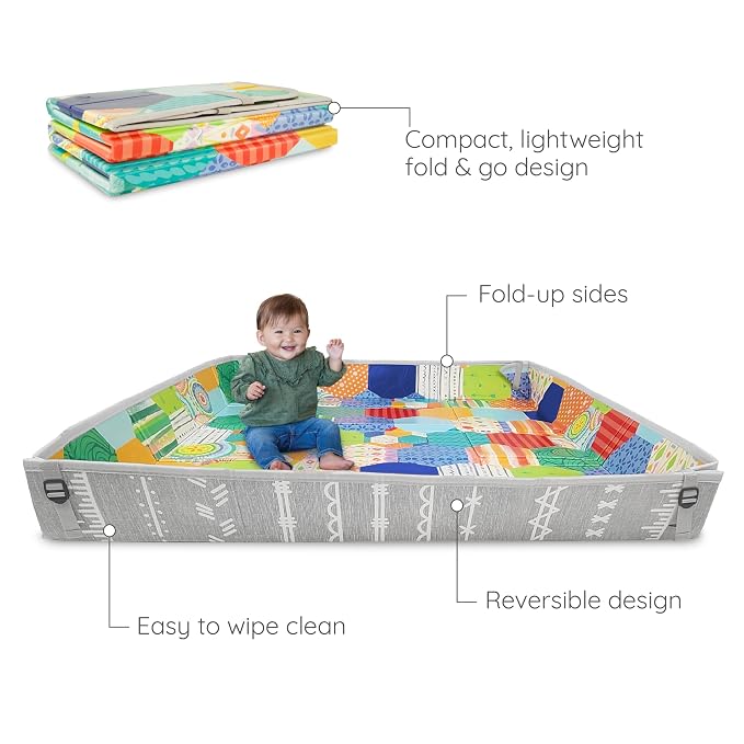 Infantino Foldable Foam Play Mat Reversible 57x57 in, Multicolor | Reversible design with two sides to play, Lightweight & portable, Water-resistant & wipeable, Folds flat for easy storage