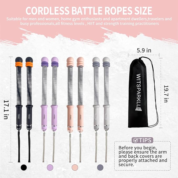 WIitsparklle Portable Adjustable Ropeless Battle Ropes with Pink | Weighted Cordless Workout Rope with Anti-slip Handles for Low-impact Cardio, HIIT, Home Gym and Office Fitness