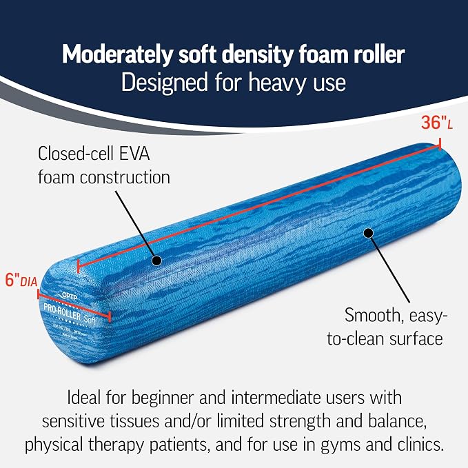 OPTP PRO-Roller Soft Density Foam Roller – Round, Blue, 36" x 6" | Soft foam roller for physical therapy, Pilates, yoga foam roll exercises, muscle recovery, blue, 36" x 6"