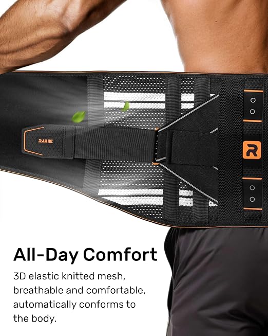 Rakiie Lower Back Brace for Women, Back Belt Support for Men with 8 Stays, Soft Lumbar Support with Full Protection, Orange Size L