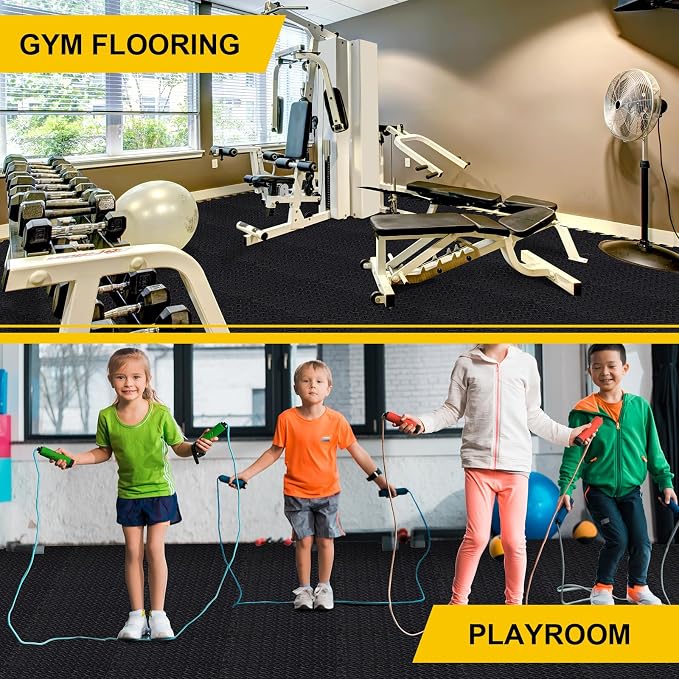 Ecally 200 Pcs 12 x 12 Gym Mat Foam Floor Mats for Home Gym Covers 96 Sq Ft Puzzle Exercise Square Interlocking Carpet Tiles with Border for Workouts Equipment Yoga Pilates (Black)