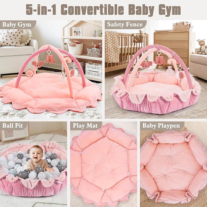 5-in-1 Plush Baby Play Gym, Activity Mat with Convertible Gym, Baby Gym 6 Sensory Toys, Play Center for Newborn to Toddler, Light Pink
