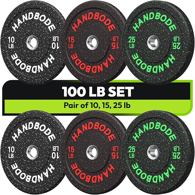 HANDBODE 2-Inch High-Bounce Bumper Plates, Olympic Weight Set, 10-650 lb | Barbell Weight Plates Set for Home Gym, Colored Weights Rubber Strength Training Plate for Weight Lifting