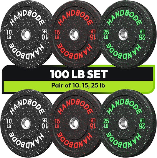HANDBODE 2-Inch High-Bounce Bumper Plates, Olympic Weight Set, 10-650 lb | Barbell Weight Plates Set for Home Gym, Colored Weights Rubber Strength Training Plate for Weight Lifting