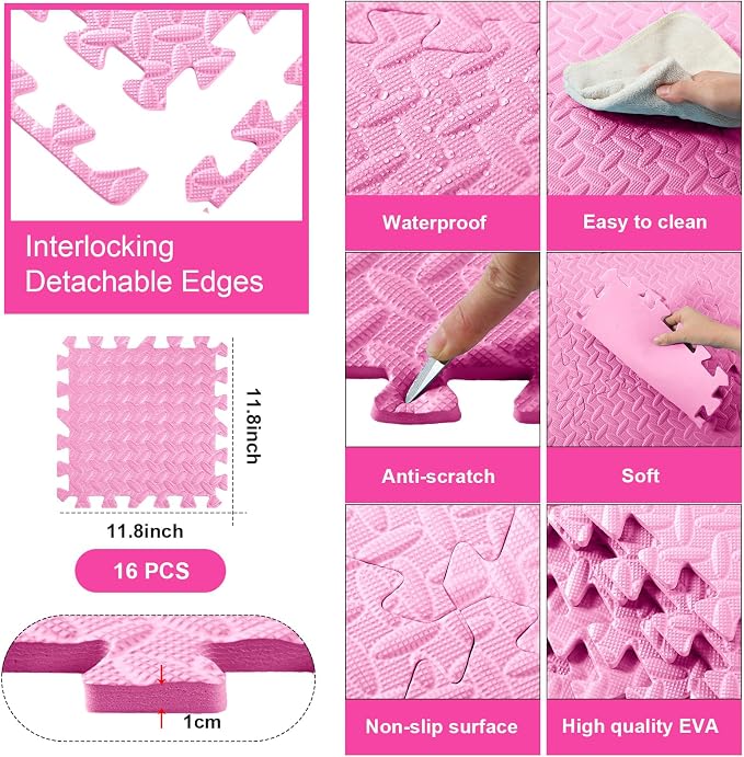 Foam Floor Tiles Foam Floor Mats Play Mats Bulk with Borders Interlocking for Bedroom Gym Nursery(11.8 x 11.8 Inch,Light Pink)