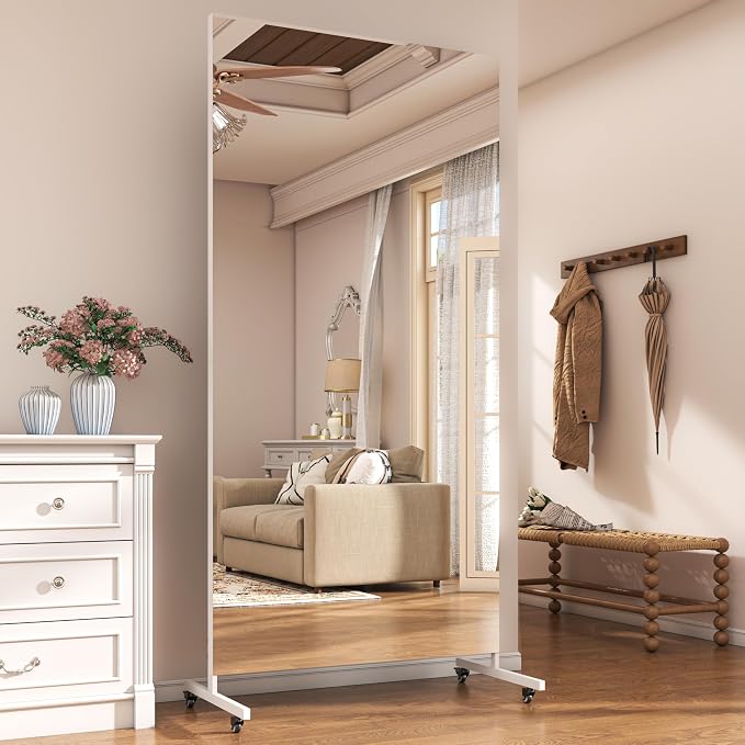 Hasipu 74.8" x 27.5" Full Length Floor Mirror on Wheels, White | Tempered glass, sturdy metal frame, smooth rolling casters, removable stand, ideal for gym, bedroom, dance studio & yoga.