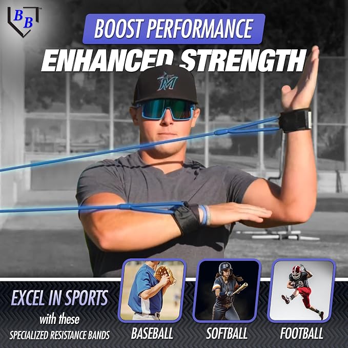 BB Bands Baseball Softball Resistance Training Bands - Arm Strength, Pitching Conditioning Equipment, 3 Strengths (Youth, Adult, Heavy), 7 Colors, Includes Anchor Strap, Door Mount, Bag, Workout Guide