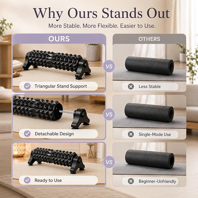 Foam Roller with Stand, 20 Inch Detachable EVA Massage Roller | adjustable stand, textured EVA surface, suction cup stand, 440 lb support, for back leg shoulder stretching