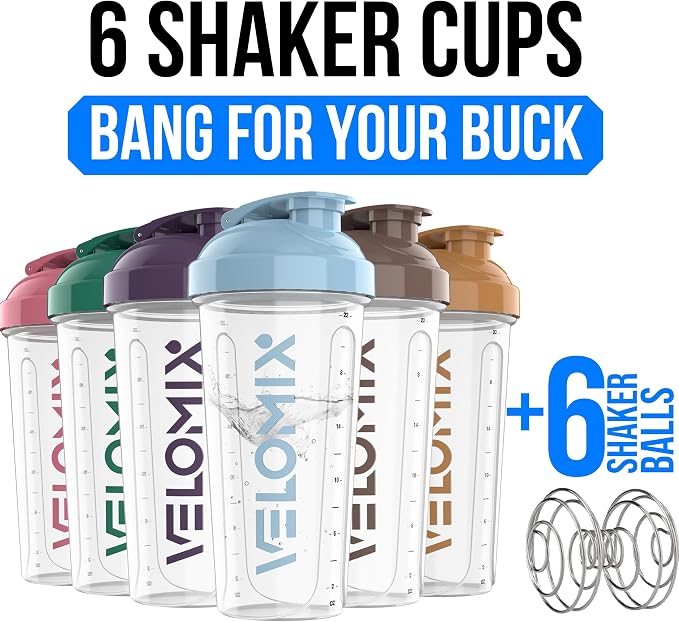 VELOMIX 6 Pack 28oz Protein Shaker Bottle for Protein Mixes, Muted Clarity | 6x Wire Whisk, Leak Proof Shaker Cups for Protein Shakes, Stackable, Multipack Value Set for Home, Gym, Office and Car
