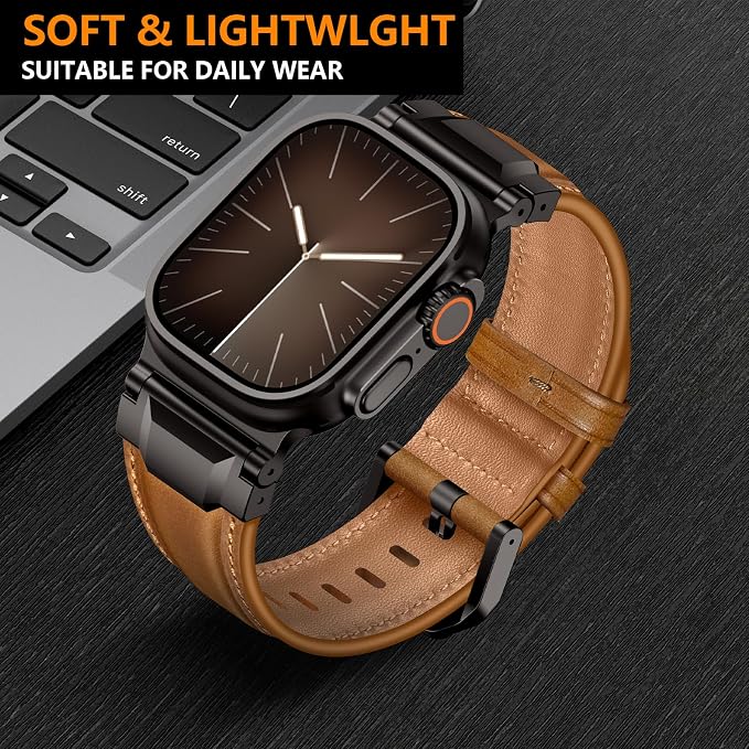 Bands Compatible with Apple Watch Ultra 3/2/1 Band 49/46/45/44mm | Genuine Leather Metal Connector Strap for iWatch Ultra Series 11/10/9/8/7/SE/6/5/4/3/2/1, Retro Brown/Black