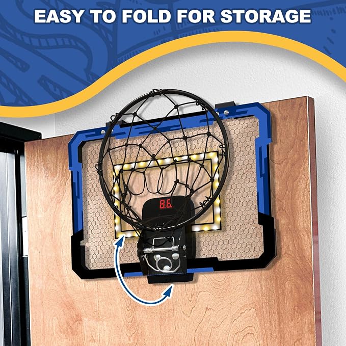 QDRAGON Mini Basketball Hoop with Scoreboard & LED Lighting | Over The Door Indoor, with 3 Balls/Inflator/Breakaway Rim, Basketball Toy Gifts for Kids Adults, Suit for Bedroom/Office