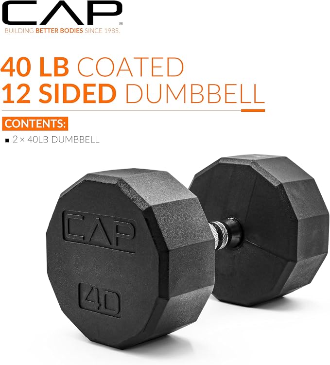 CAP Rubber Coated Dumbbell Weights, Free Weights for Home Gym Strength Training, Anti-Roll Hex Dumbbells with Black, Chrome & Comfort Grip Handles, Pairs & Sets