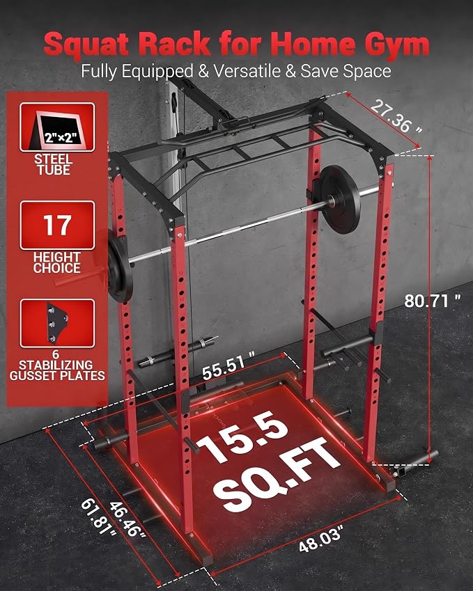 GarveeLife Power Cage, Power Racks for Home Gym with Pulley System | 1200 LBS Weight Capacity Multi-Functional Squat Rack for Strength Workout with More Training Attachment (Red D1002)