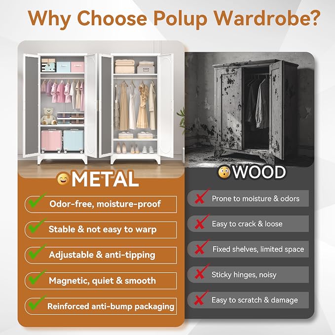 Polup Metal Armoire Wardrobe Closet with Mirror, Clothing Storage Cabinet | 71" Heavy Duty Steel Wardrobe Cabinet with Hanging Rod & Adjustable Shelves for Bedroom, Office, Clothes Organizer, White