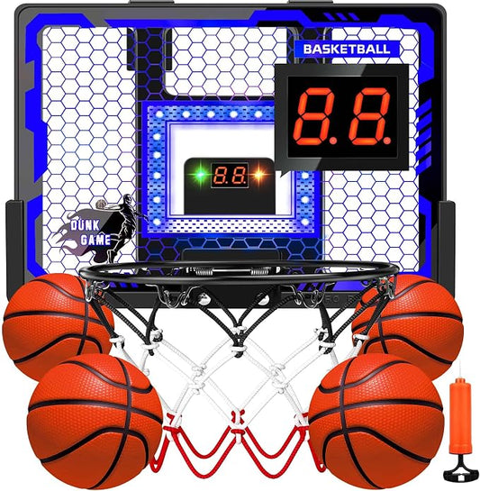 Indoor Basketball Hoop Pro for Kids, Over The Door Basketball Hoop with LED Light/Scoreboard/4 Balls- Upgraded Anti-Impact Backboard, Basketball Toys Gifts for 6 7 8 9 10 11 12 Year Old Boys