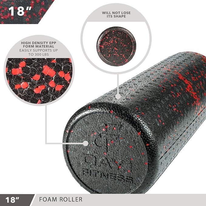 Day 1 Fitness High Density Muscle Foam Rollers - Sports Massage Rollers for Stretching, Physical Therapy, Deep Tissue, Myofascial Release - Ideal for Exercise and Pain Relief - Speckled Red, 18”