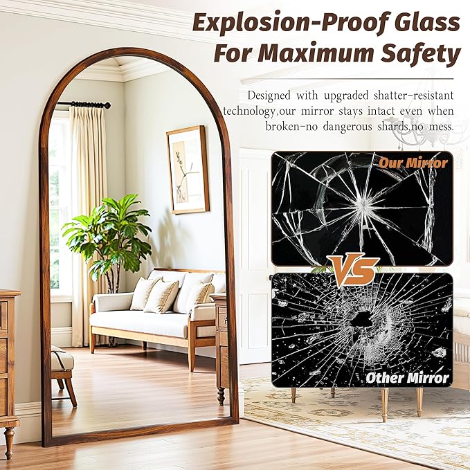 Full Length Mirror 82"×44" Floor Mirror Standing Tall Mirror, Arched Stand up Large Wall Mirrors, Freestanding Full Body Mirrors for Bedroom Living Room Wood Antique Style Walnut