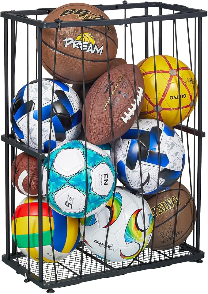 Hencawima Garage Ball Storage Wall-Mounted & Floor Sports Equipment Organizer: Sports Ball Rack with Elastic Rope, Holder for Basketball, Soccer, Volleyball, Football, Garage, Gym, Black