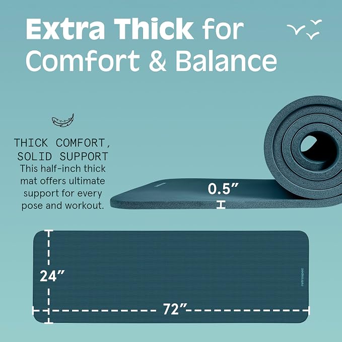 Retrospec Solana Yoga Mat Thick 1/2in Non-Slip Workout Mat with Nylon Strap - 72x24in Exercise Mat for Pilates, Stretching & Fitness - BPA Free, Easy Clean