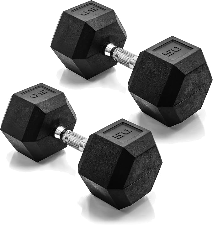 CAP Rubber Coated Dumbbell Weights, Free Weights for Home Gym Strength Training, Anti-Roll Hex Dumbbells with Black, Chrome & Comfort Grip Handles, Pairs & Sets