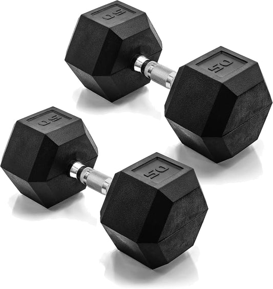 CAP Rubber Coated Dumbbell Weights, Free Weights for Home Gym Strength Training, Anti-Roll Hex Dumbbells with Black, Chrome & Comfort Grip Handles, Pairs & Sets