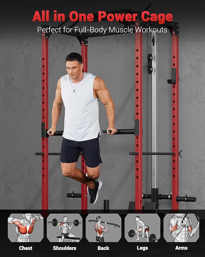 GarveeLife Power Cage, Power Racks for Home Gym with Pulley System | 1200 LBS Weight Capacity Multi-Functional Squat Rack for Strength Workout with More Training Attachment (Red D1002)
