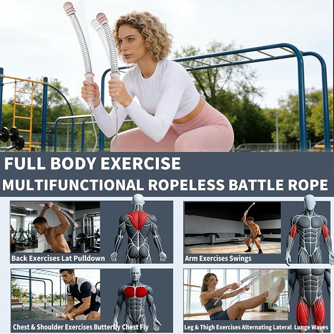 Pinailon Ropeless Battle Ropes Portable Cordless Strength Home Gym Pink | Workout Exercise Rope for Strength Building, Heavy Duty, HIIT & Low-Impact Aerobic Training for Men & Women