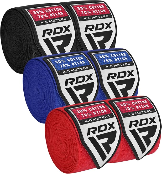 RDX Boxing Hand Wraps 4.5M / 180 Inches – Mexican Style Semi-Elastic MMA Inner Gloves - Wrist Support for Muay Thai, Kickboxing, BJJ, Karate - Thumb Loop & Hook and Loop Closure - Cotton & Nylon Blend