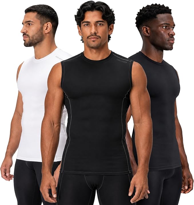 DEVOPS 3 Pack Men's Compression Shirts Sleeveless Tank Top Baselayer | Gym Training, Running, Moisture Wicking, Compression Fit, 4-Way Stretch, UPF 50+, Sleeveless