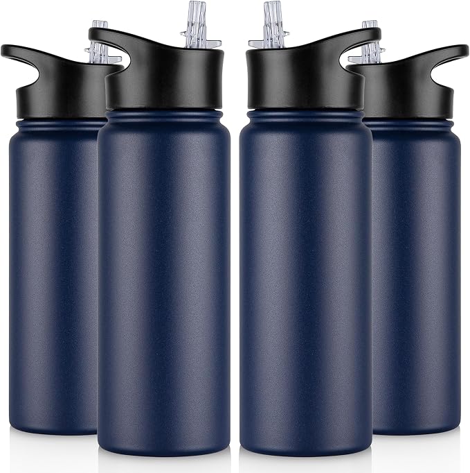 24 oz Insulated Water Bottle Bulk 4 Pack, Stainless Steel Sports Water Bottles with Straw Lid & Wide Mouth Lids, Double Walled Vacuum, Leak Proof, Navy Blue