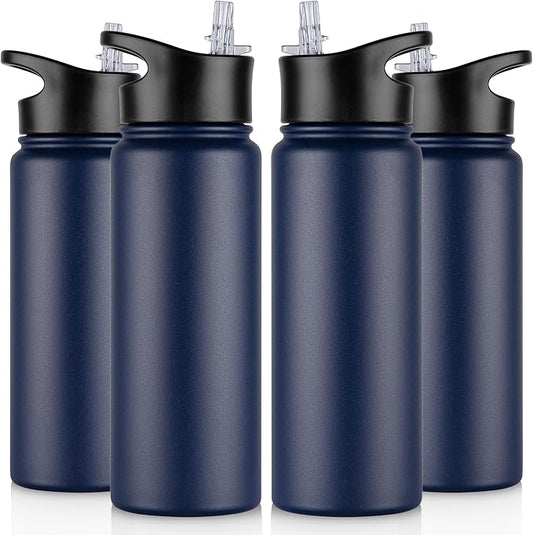24 oz Insulated Water Bottle Bulk 4 Pack, Stainless Steel Sports Water Bottles with Straw Lid & Wide Mouth Lids, Double Walled Vacuum, Leak Proof, Navy Blue