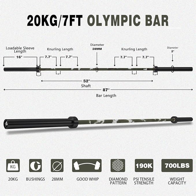 7ft Olympic Barbell for Strength Training, Olympic Weightlifting | 500 700 1000LBS Capacity, 2 Inch 45lb Weight Bar for Squat, Home Gym Fitness Equipment, Bench Press, Deadlift, Powerlifting