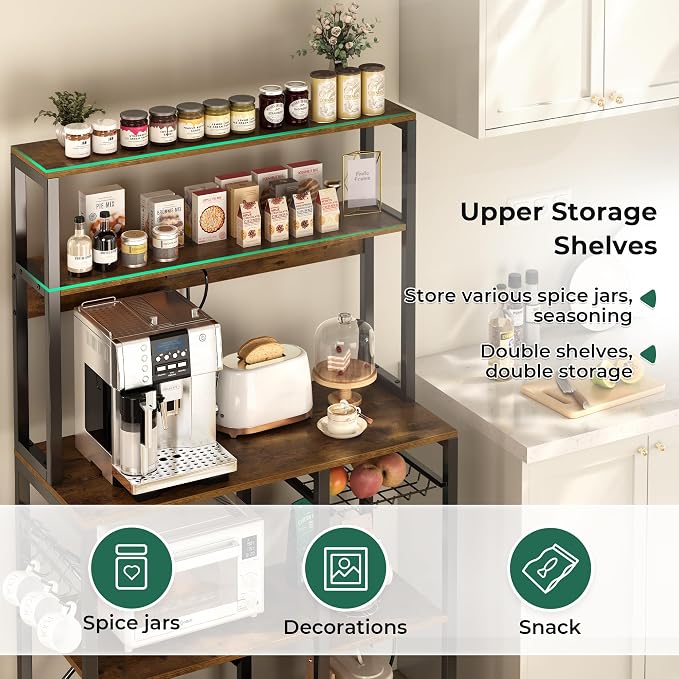 SUPERJARE Bakers Rack with Power Outlet, 35.4 Inches Coffee Bar with Basket | Kitchen Microwave Stand with 13 S-Shaped Hooks, Open Storage Shelves, Rustic Brown
