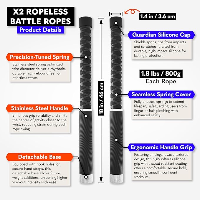 X2 Ropeless Battle Ropes Adjustable Weight - Wrist Friendly Structure, Stackable Add-On Weights, Rope & Bar Dual Forms Transformable, Professional Cordless Battle Ropes