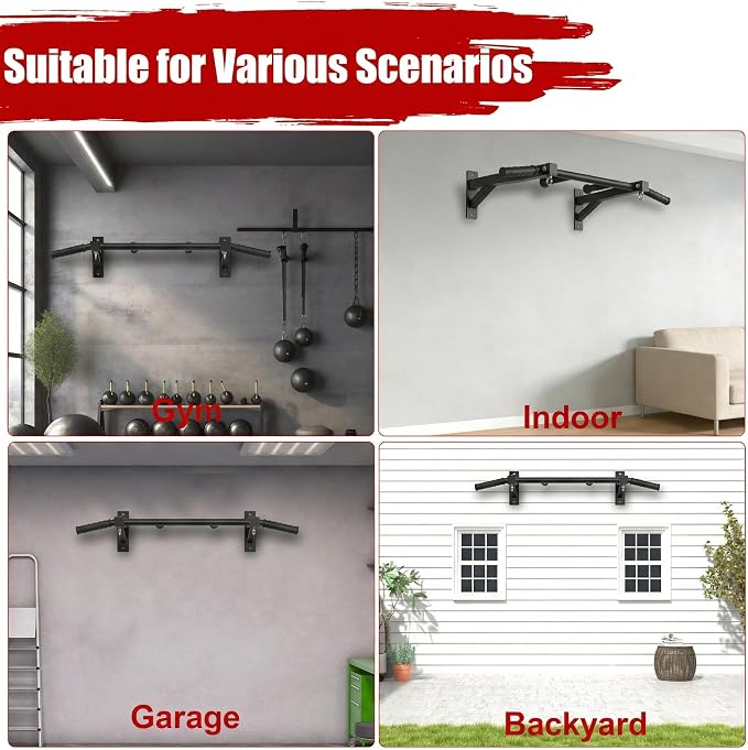 Upgrade Wall Mount Pull Up Bar, Heavy Duty Steel PullUp Bar Fits 24'' Wood Studs, Multi Grip Pull Up Bar with Ball Finger & Round Rings, for Home Gym Garage Basement Strength Training Chin Up Bar
