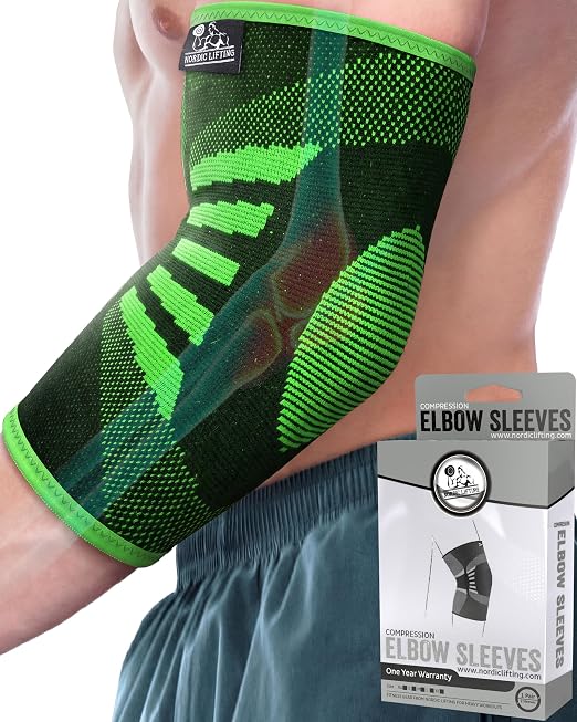 Elbow Compression Sleeves (1 Pair) - Elbow Brace for Tendonitis, Tennis & Golfers Elbow - Weightlifting Support for Men & Women - Pain Relief & Joint Recovery (2, Neon Green, X-Large)