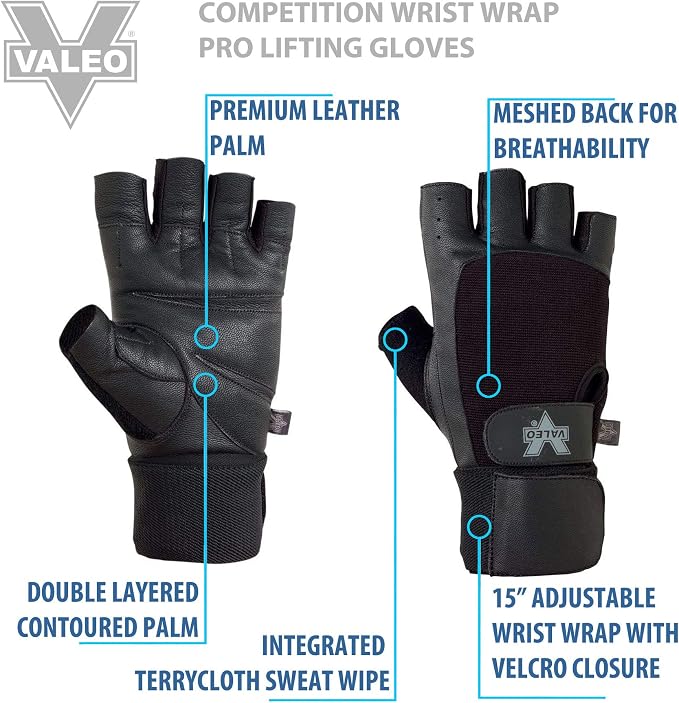 Valeo Competition Wrist Wrap Lifting Gloves with Durable Leather Construction, Reinforced Stitching, and Double Leather Padded Palms