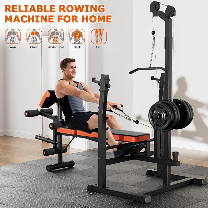 Fostoy Olympic Weight Bench with Lat Pulldown, Squat Rack & Leg Curl | Adjustable,Cable Row, Squat Rack, Leg Developer, Preacher Curl, Multi-Angle Backrest, Full Body Strength Training